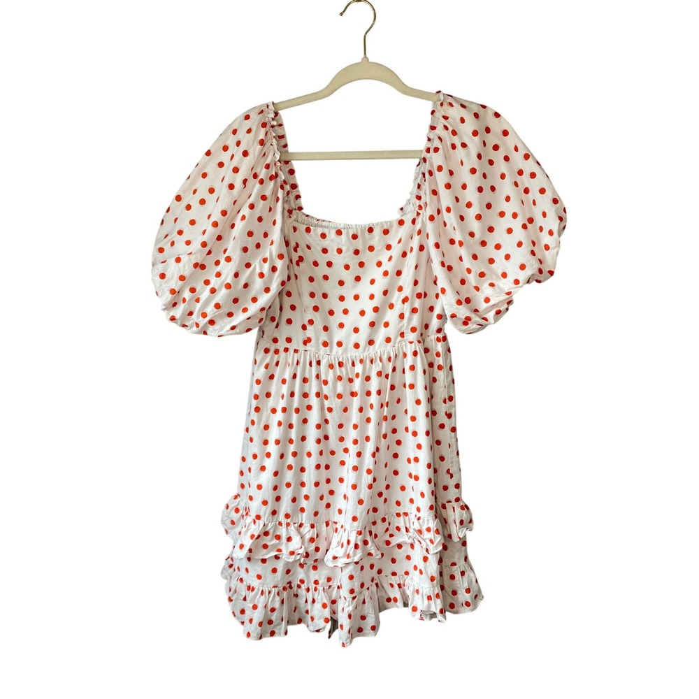Sugarlips Women Red Polka Dot Puff Sleeve Tie Back Ruffle Mini Dress Small White
